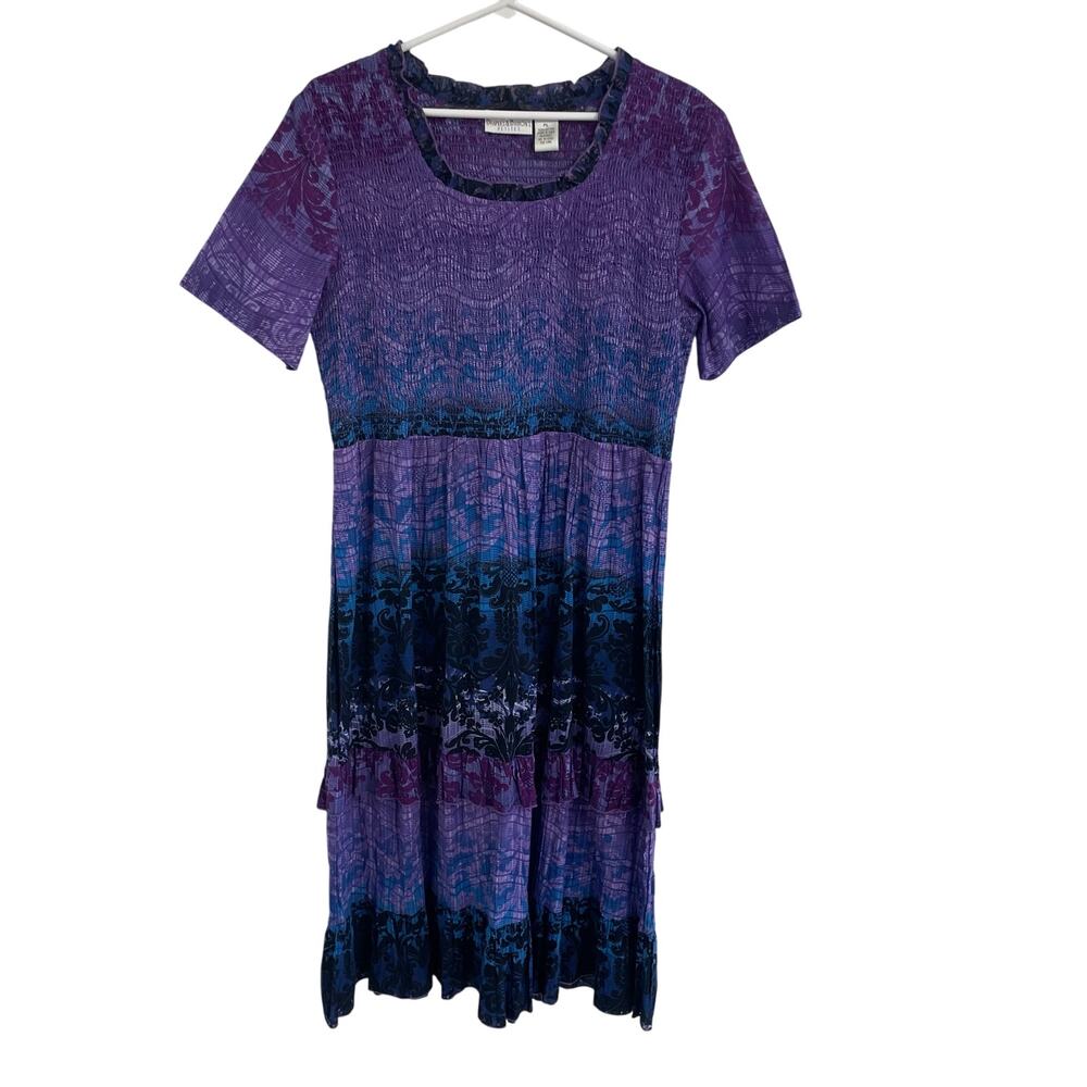 Draper's & Damon's Mixed Print Purple Blue Smocked Midi Dress Size Petite Large